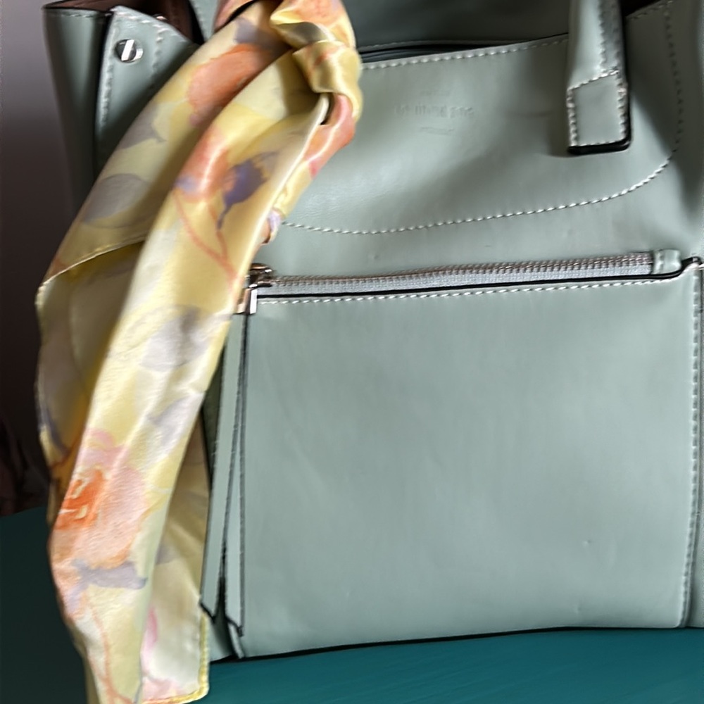 New London Fog Vegan Leather Shopper Tote with Floral Scarf Purse Fob - Picture 12 of 15